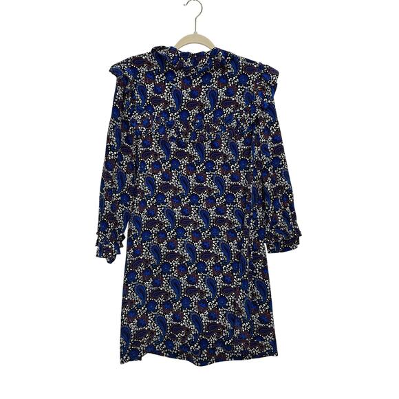 Sandro Paris Silk Paisley Mini Shift Dress in Blue Print Size 2 - Picture 7 of 11